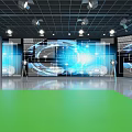 Modern Tech Stage With Green Floor Blue LED Screens And Lighting Equipment