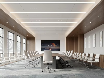 Modern Bright Spacious Conference Room With Wooden Panels Long Meeting Table And Ergonomic Office Chairs 3d model
