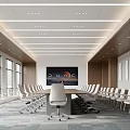 Modern Bright Spacious Conference Room With Wooden Panels Long Meeting Table And Ergonomic Office Chairs