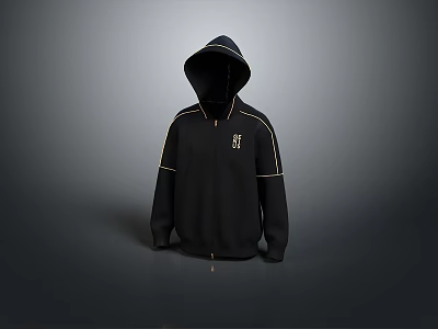 Black Zippered Hoodie With Gold Stripes And Front Logo For Casual Daily Use 3d model