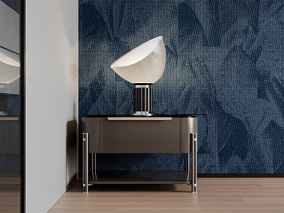 Modern Bedside Table With Stylish Lamp And Textured Wall On Wooden Floor 3d model