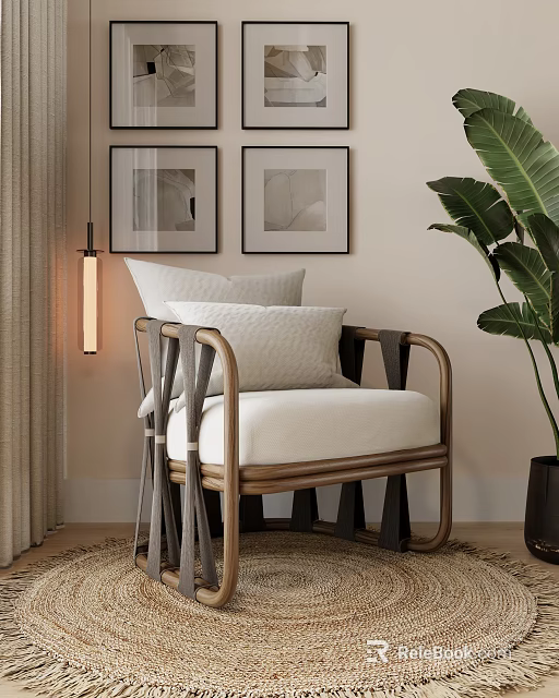 Modern Single Sofa With Wooden Frame Upholstered Cushion And Wall Paintings Floor Lamp Plant 3d model 