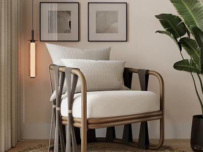 Modern Single Sofa With Wooden Frame Upholstered Cushion And Wall Paintings Floor Lamp Plant 3d model