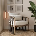 Modern Single Sofa With Wooden Frame Upholstered Cushion And Wall Paintings Floor Lamp Plant