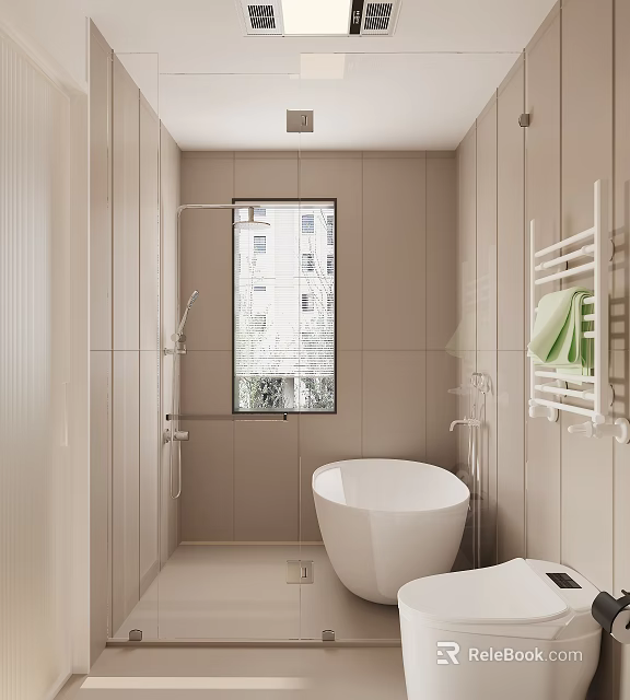 Minimalist Bathroom Interior With Freestanding White Bathtub Glass Shower And Wall Mounted Towel Rack 3d model 