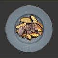 Tender Roasted Pig Meat Served with Golden Potatoes on Blue Plate