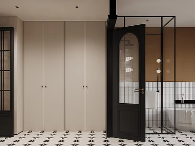 Modern Bedroom Interior Design With Beige Wardrobe Black Door And Black White Patterned Floor 3d model