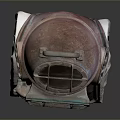 Vintage Copper Metal Weapon With Rustic Texture Round Openings Grilled Square Panel And White Base