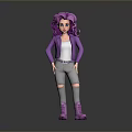 Woman With Purple Curly Hair In Purple Jacket White Top Gray Ripped Jeans And Boots