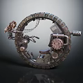 Intricate Circular Mechanical Structure With Gears Chains Seat And Control Panel In Industrial Steampunk Design 3d model