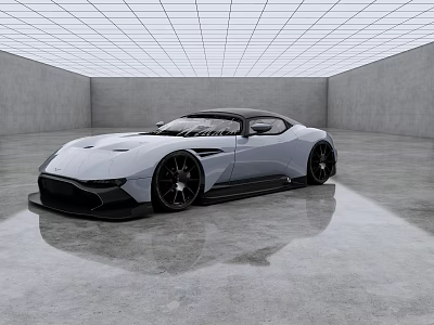 Silver Sleek Sports Car In Modern Interior With Gray Reflective Floor And White Grid Ceiling 3d model