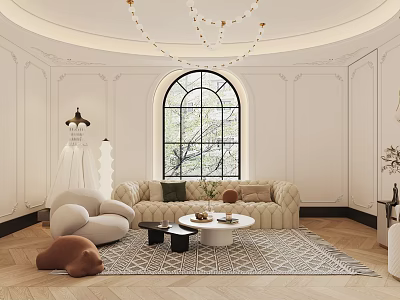 Banquet Hall Featuring Circular Ceiling Chandelier Arched Window Trees View Beige Sofa Round Coffee Table 3d model
