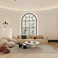 Banquet Hall Featuring Circular Ceiling Chandelier Arched Window Trees View Beige Sofa Round Coffee Table