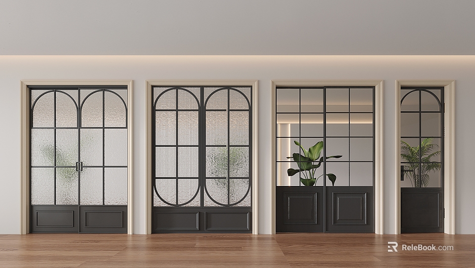 Sliding Doors With Arched Circular Glass Patterns Dark Paneled Base And Potted Plants In Modern Home Interior 3d model 