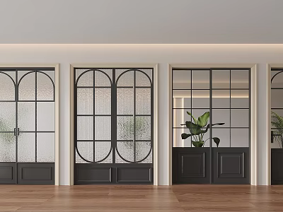 Sliding Doors With Arched Circular Glass Patterns Dark Paneled Base And Potted Plants In Modern Home Interior 3d model