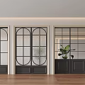Sliding Doors With Arched Circular Glass Patterns Dark Paneled Base And Potted Plants In Modern Home Interior