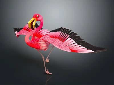 Pink Flamingo Spreading Black Wings as a Flying Bird with Graceful Posture 3d model