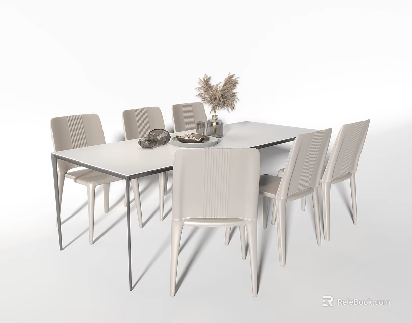 Modern Minimalist White Rectangular Dining Table and Six Woven Back Chairs with Decorative Vase 3d model