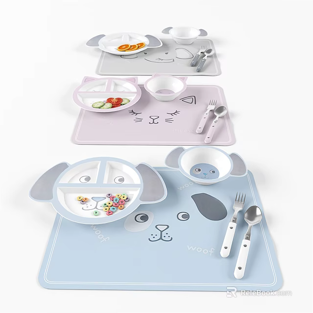 Cute Animal Shaped Children's Tableware Set With Divided Plates Bowls Spoons Forks And Placemats 3d model 