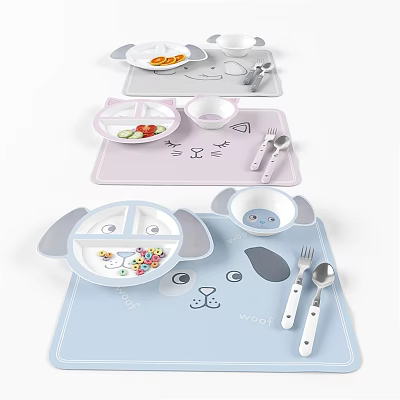 Cute Animal Shaped Children's Tableware Set With Divided Plates Bowls Spoons Forks And Placemats 3d model