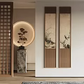 Chinese Style Entryway With Round Lamp Ink Paintings And Wooden Screen