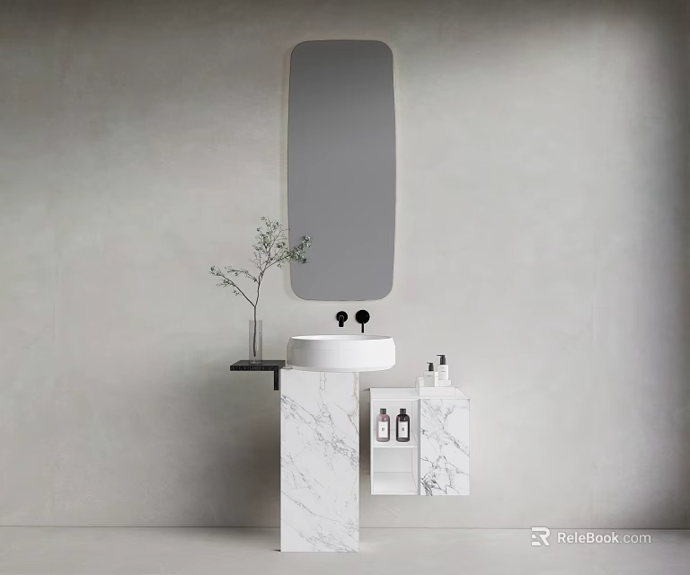 Modern Minimalist Marble Vanity With Wall Mirror Toiletries And Small Plant 3d model 