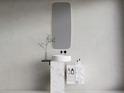 Modern Minimalist Marble Vanity With Wall Mirror Toiletries And Small Plant 3d model