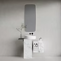 Modern Minimalist Marble Vanity With Wall Mirror Toiletries And Small Plant