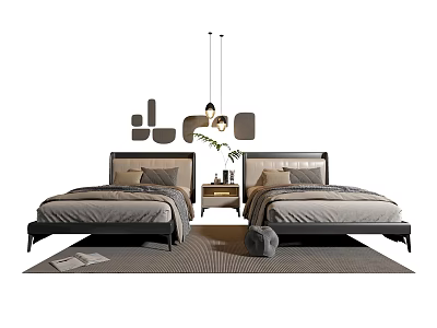 Modern Double Beds With Dark Headboards Gray Bedding Nightstand Plant Pendant Light And Geometric Decor 3d model