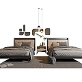 Modern Double Beds With Dark Headboards Gray Bedding Nightstand Plant Pendant Light And Geometric Decor