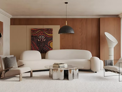 Modern Living Room Interior With Beige Sofa Wooden Wall Metal Coffee Table And Colorful Painting 3d model