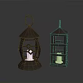 Vintage Decorative Lanterns With Metal Ring Handle Diamond Pattern Square Structure And Candle Inside 3d model