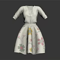 White V Neck Short Sleeve Dress with Colorful Floral Patterns on Skirt