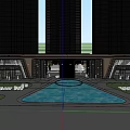 Grand Modern Entrance Gate With Water Pool And Lawn Area Fronting Tall Buildings