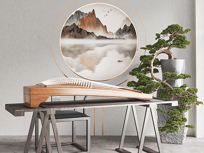Traditional Guzheng Instrument And Landscape Painting In Modern Interior With Bonsai Tree On Wooden Table 3d model