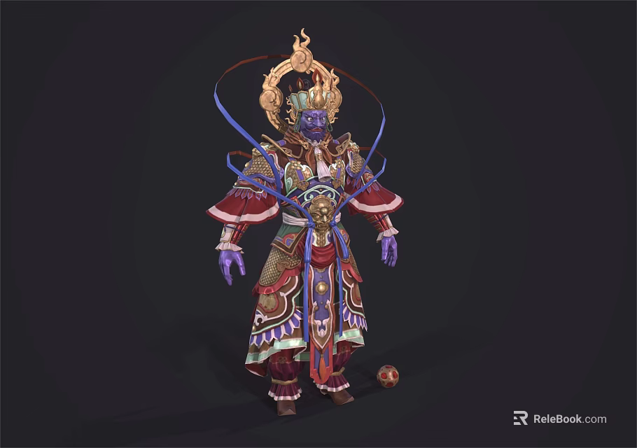 Purple Skinned Game Movie Character In Ornate Armor With Golden Headdress And Flowing Ribbons 3d model 