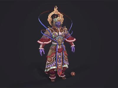 Purple Skinned Game Movie Character In Ornate Armor With Golden Headdress And Flowing Ribbons 3d model