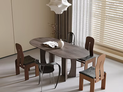 Modern Wooden Table And Chairs Set By Window With Blinds Pendant Lamp Book And Vase 3d model