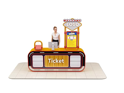 Ticket Reception Desk With LOGO Sign Female Staff Wooden Counter And Display Board 3d model