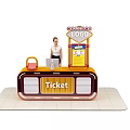 Ticket Reception Desk With LOGO Sign Female Staff Wooden Counter And Display Board