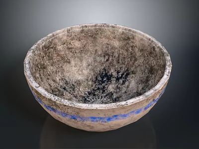 Antique Sculpture Carving Bowl With Grayish Black Surface Worn Edges And Blue Stripes Around Rim 3d model