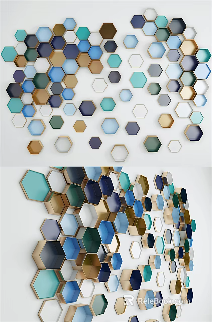 Hexagonal Wall Decor With Multicolored Glass Panels And Metal Frames 3d model
