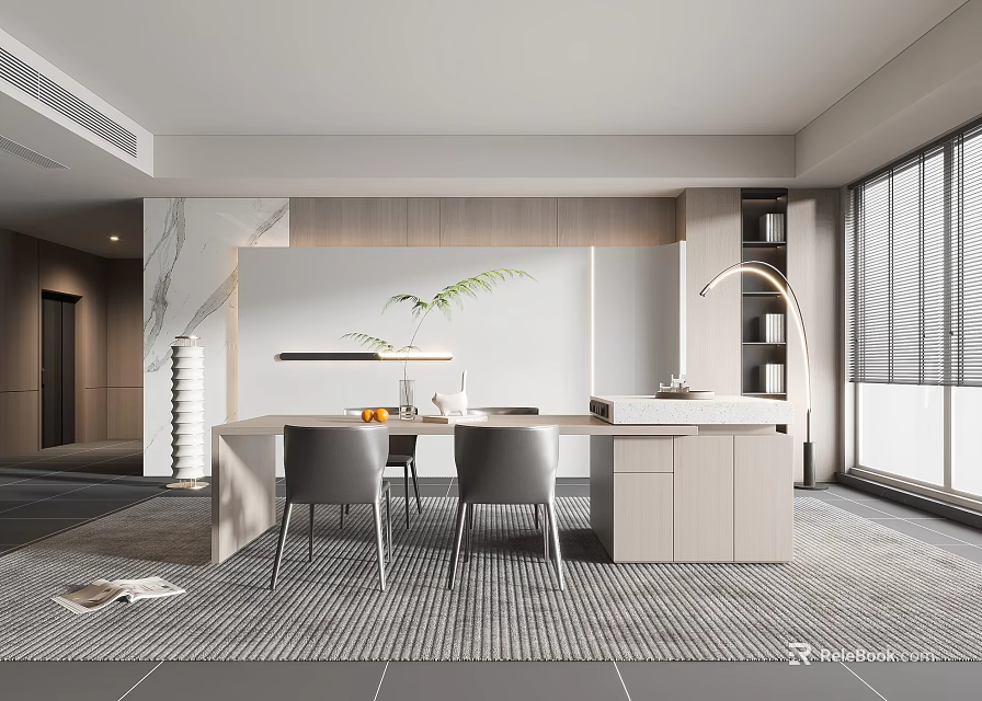 Modern Restaurant Interior Design With Simple Dining Table Chairs And Green Plants 3d model