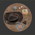 Wooden Dining Table With Old Hat Transparent Bottle Dice Plate Bread And Small Knife