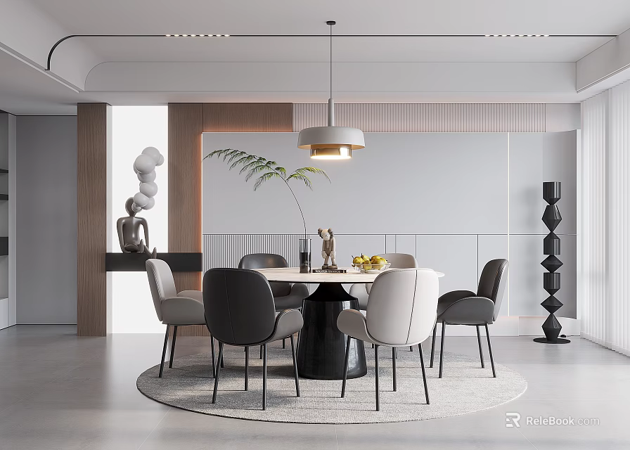 Modern Restaurant Interior With Round Dining Table Chairs Pendant Lighting And Plants 3d model 