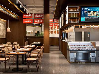 Cozy Restaurant Interior With Wooden Tables Chairs And Counter 3d model