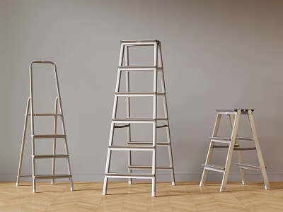 Metal Ladders of Various Heights in Indoor Setting With Wooden Floor 3d model