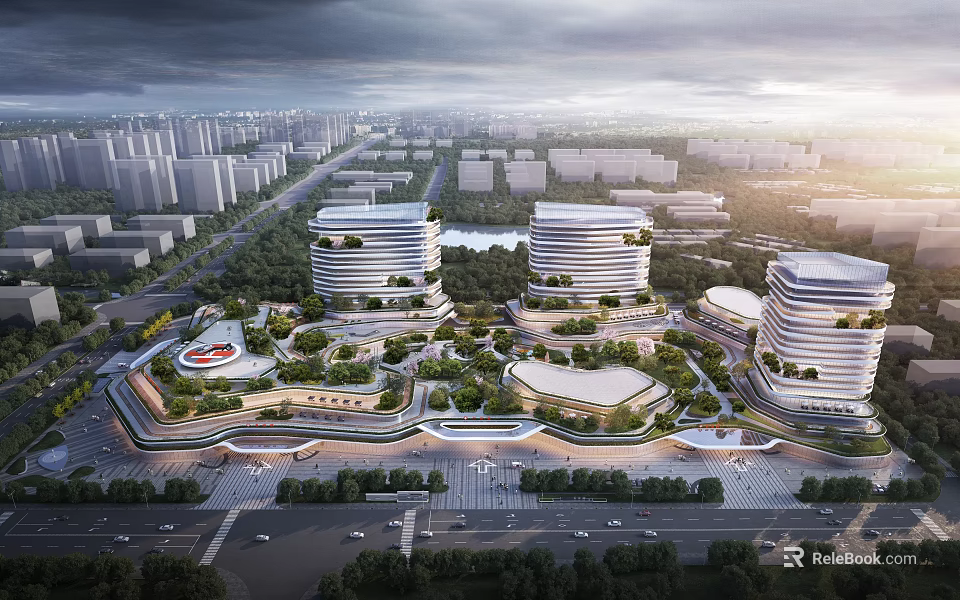 Modern High Rise Buildings With Green Roof Design In Urban Park Landscape 3d model 