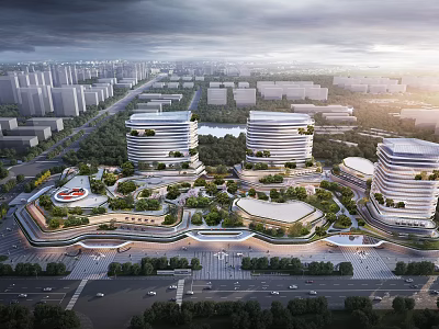 Modern High Rise Buildings With Green Roof Design In Urban Park Landscape 3d model