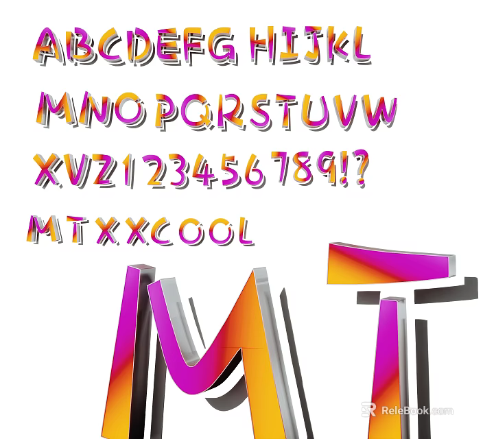 Vibrant 3D Typography Design With Colorful Letters Numbers And MT Elements 3d model 